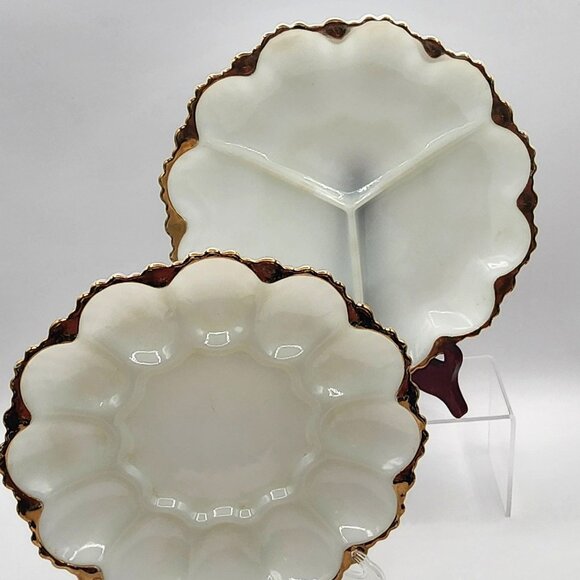 Anchor Hocking Milk Glass Divided Relish Tray And Deviled Egg Plate Gold Trim - Picture 4 of 10